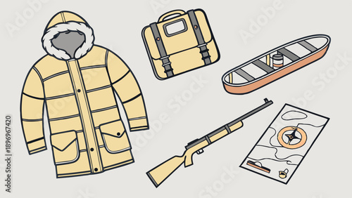 Arctic Expedition Gear Map Rifle Parka Luggage for Winter Survival Adventure Travel Illustration (130 characters)