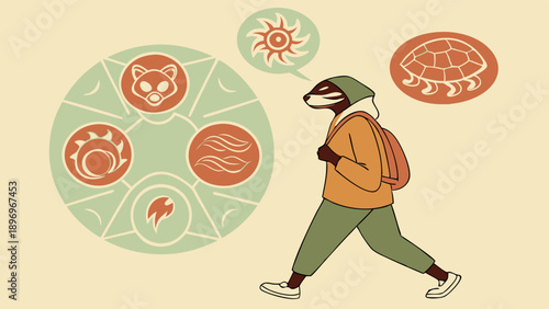 Anthropomorphic Badger Student Contemplating Nature Elements Spiritual Journey for Educational Design Projects