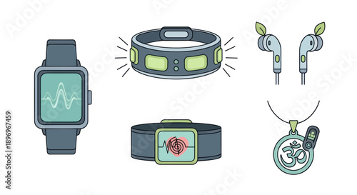 Collection of modern wearable technology devices for health and wellness monitoring.