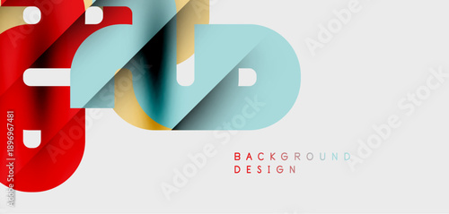 Abstract geometric shapes overlap. Red, blue, gold hues create modern design. Minimalist style, clean lines, simple composition.