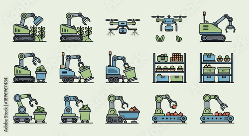 Robotic Automation: Collection of Industrial Robots Drones and Automated Warehouse Shelves.