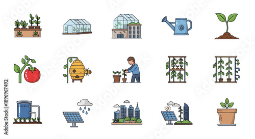Collection of Icons Representing Sustainable Agriculture and Urban Farming.