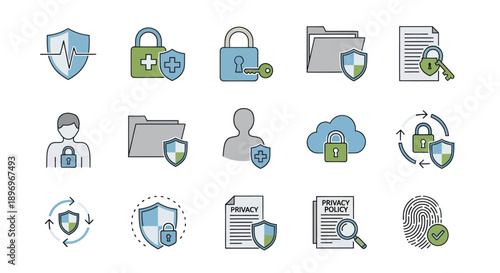 Security and Protection Icons: Shield Padlock Folder Cloud User Document Fingerprint.