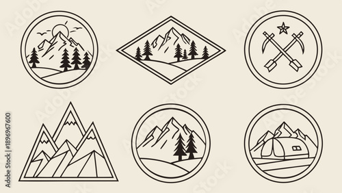 Minimalist Outdoor Adventure Line Art Icons Set for Travel Branding Logo Design Camping Hiking Mountain Graphics