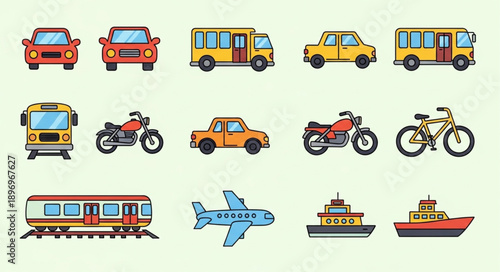 Collection of pixel art vehicles including cars buses motorcycles trains airplanes and boats.