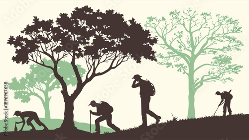 Hikers Ascending Forest Trail Showing Progress and Journey for Outdoor Adventure Website Design or Eco Tourism Promotion