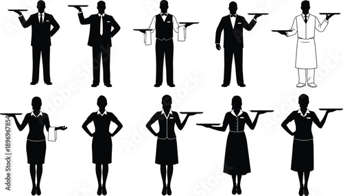 Vector, black, silhouettes, of, professional, waiters, and, waitresses, in, uniform, holding, trays, and, napkins, for, restaurant, catering, hospitality, dining, service, and, banquet, graphics