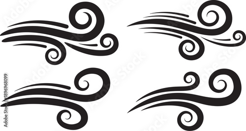 Set of black swirling wind icon designs on white