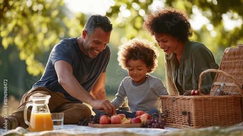 Happy family having a picnic in a sunny park. Black father mother and son enjoying healthy snacks outdoors. Lifestyle concept of togetherness and leisure