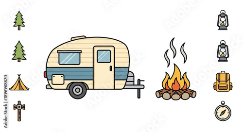 Cute cartoon camper trailer with campfire and camping icons.