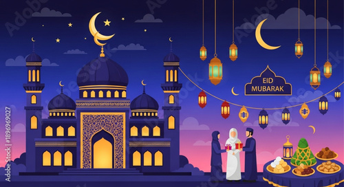 Eid al-Fitr celebration with mosque and lanterns.