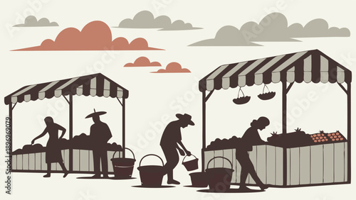Farmers Market Stall Silhouettes Selling Fresh Produce for Agricultural Sales and Local Food Web Design Projects