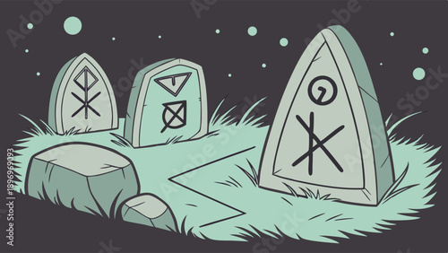 Mysterious Ancient Runestone Grave Markers in Dark Eerie Graveyard for Occult Design Projects