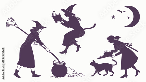 Halloween Witch Silhouettes Brewing Potion Flying on Broomstick for Holiday Greeting Cards Seasonal Web Design Spooky Fun