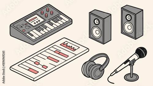 Music Production Gear Icons for Audio Recording Studio Setup for Podcasters and Musicians Creating Digital Content
