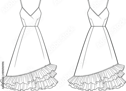 Black and white CAD flat vector illustration of women’s asymmetrical ruffle dress with spaghetti straps and V-neckline, fashion technical sketch front and back views
