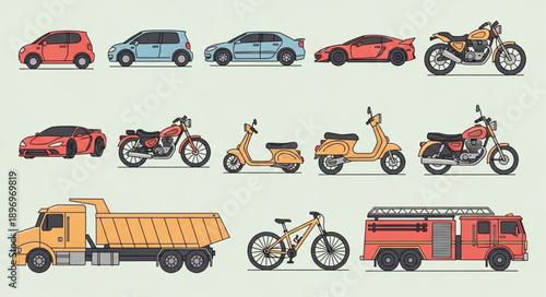Collection of various vehicles including cars motorcycles and trucks.
