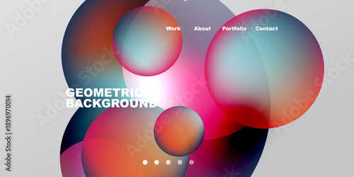 Abstract colorful shapes overlap. Text labels present work, about, portfolio, contact. Geometric background visible, dots indicate navigation.