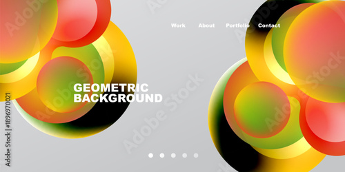 Abstract design features colorful overlapping circles. Gray background contrasts vibrant orange, green, yellow hues. Minimalist navigation present.