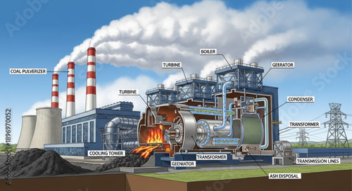 Cutaway illustration of a modern coal-fired power plant with detailed internal components.