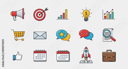 Collection of Colorful Business and Marketing Icons: Bullhorn Target Chart Lightbulb Shopping Cart and More.