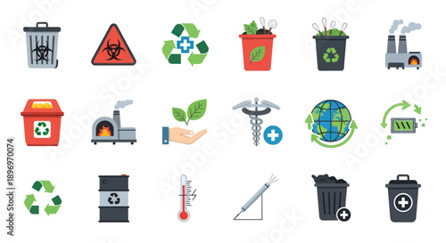 Collection of Environmental Icons Depicting Recycling Waste and Health.