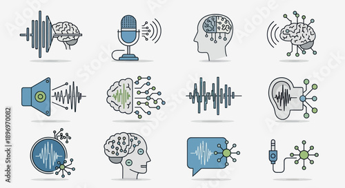 AI Voice Technology and Audio Processing Line Icon Set with Brain and Soundwave Symbols.