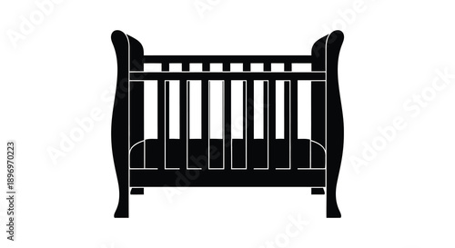 A simple black graphic depiction of a classic baby crib with ornate detailing rendered as a silhouette