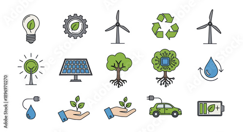 Colorful Eco-Friendly and Renewable Energy Icons Collection.