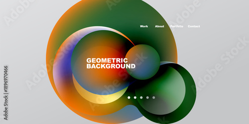 Abstract design features overlapping colorful circles. Text reads geometric background with navigation options above. Dark backdrop enhances vibrant hues.
