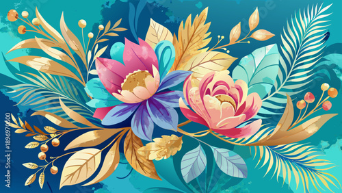 Very beautiful watercolor floral design with elegant leaves in blue, gold, and pink tones, set on an abstract turquoise background, creating a refined and artistic botanical composition.