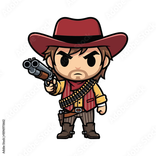 Cartoon cowboy holding revolver in aggressive stance