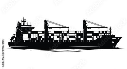 A striking black silhouette depicts a large cargo ship at sea showcasing its detailed structure silhouette high quality
