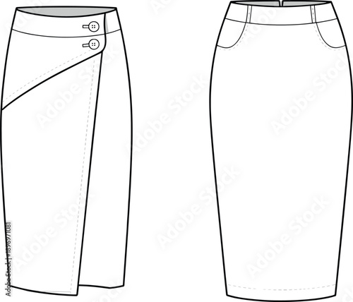 Buttoned wrap skirt and pencil skirt CAD drawing flat vector illustration, elegant women's fashion apparel, modern office wear design, stylish garment templates