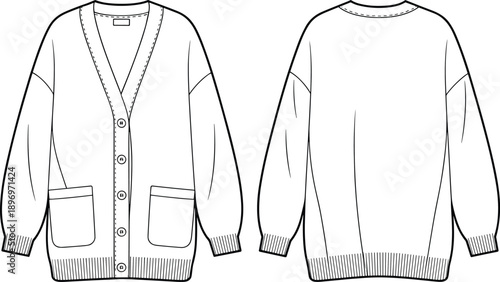 Cad drawing flat vector illustration, oversized cardigan with buttons, front and back views, casual knitwear with ribbed cuffs and hem, fashion technical sketch