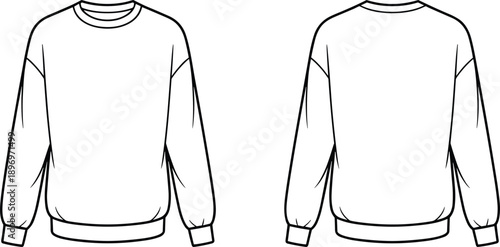 Cad drawing flat vector illustration, unisex basic sweatshirt front and back view, casual crewneck pullover, fashion technical sketch