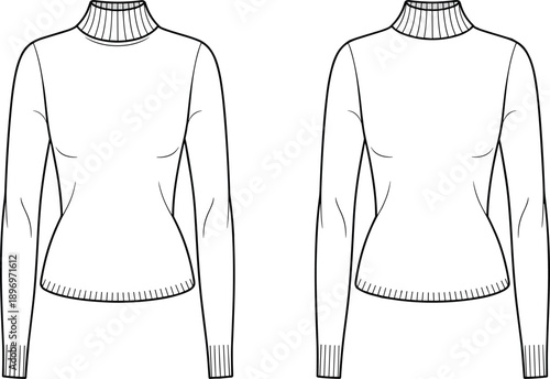 Cad drawing flat vector illustration, women's turtleneck sweater front view, technical fashion sketch, ribbed knit top design