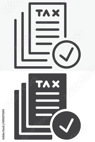 Tax documents with checkmark icon set in different style. Line and outline with solid version, editable stroke vector icon sign and symbol. Verified tax paperwork icon.