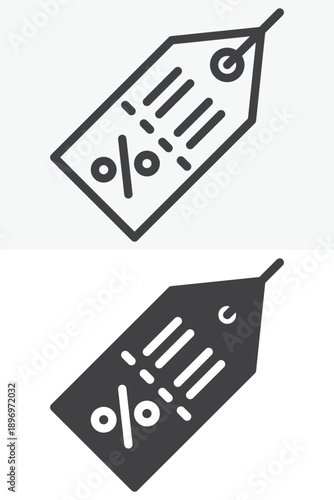 Percentage price tag tax icon set in different style. Line and outline with solid version, editable stroke vector icon sign and symbol. Discount and tax rate icon.