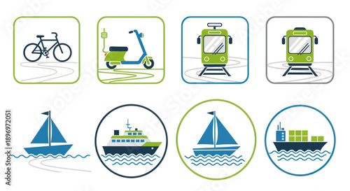 Transportation Icons: Bicycle Scooter Tram Train Sailboat Ship and Cargo Ship.