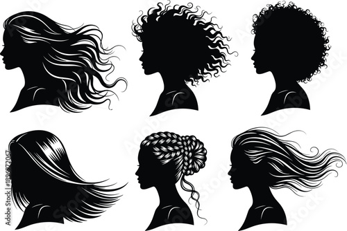 Silhouette of Women with Different Hairstyles, Curly, Wavy, Braided, and Flowing Hair, Elegant Haircuts, Hair Designs