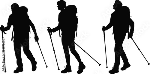 Hiking people silhouette illustration isolated on white background, backpackers trekking with poles, outdoor adventure activity icon for travel, nature, design