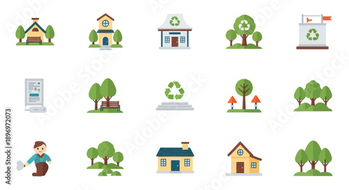 Collection of Flat Design Environmental Recycling and Housing Icons.