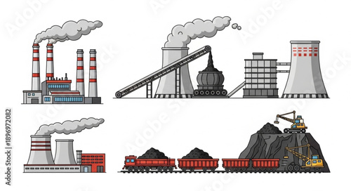 Industrial coal power plant complex with smoke stacks and trains.