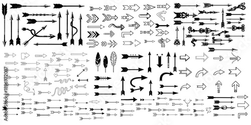 Collection of hand drawn arrowheads and arrows in various styles and shapes on a white background