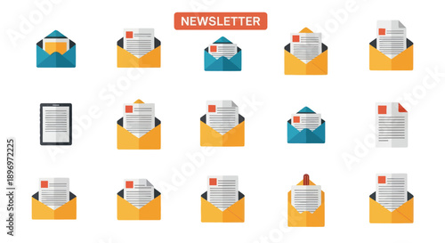 Collection of Newsletter and Email Icons with Documents.