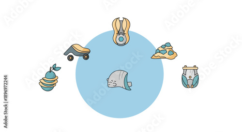 Colorful Cartoon Illustrations of Various Food and Objects.