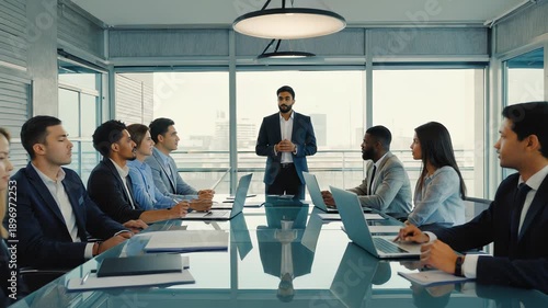 Executive Team Meeting: Diverse Business Leaders Collaborate in Modern Conference Room Setting.