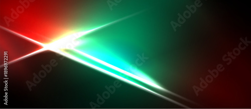 Abstract light streaks, vibrant red, green hues dominate. Bright central flare creates dynamic visual impact. Dark background contrasts colors.