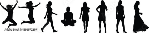Silhouette of women in various poses, jumping, walking, meditating, standing, wearing dresses, fashion model vector, active lifestyle, female illustration design